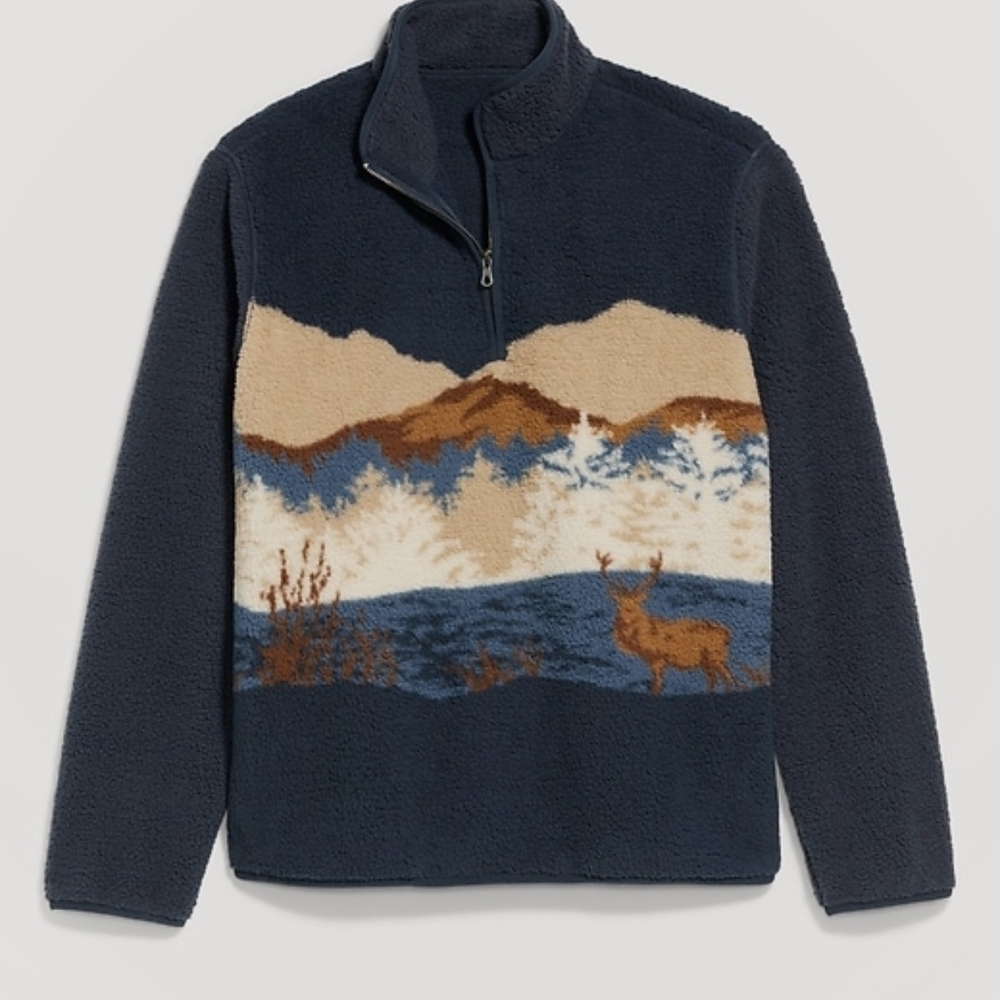 Printed Sherpa Quarter Zip Pullover With Reindeer Design